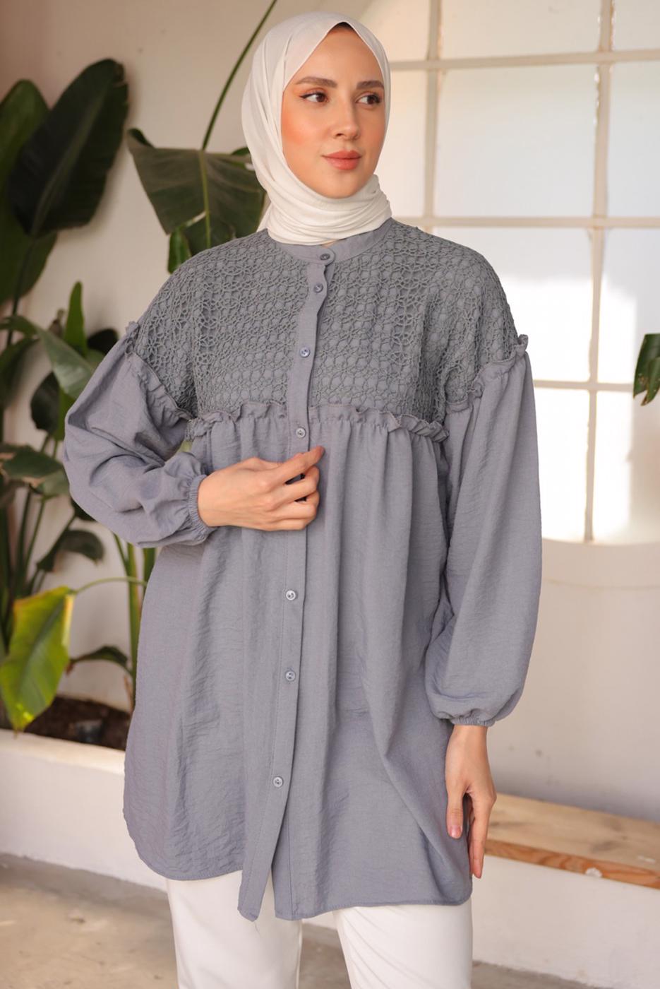 Tesettür giyim GRİ BALON KOL GÖMLEK TUNİK T 8202