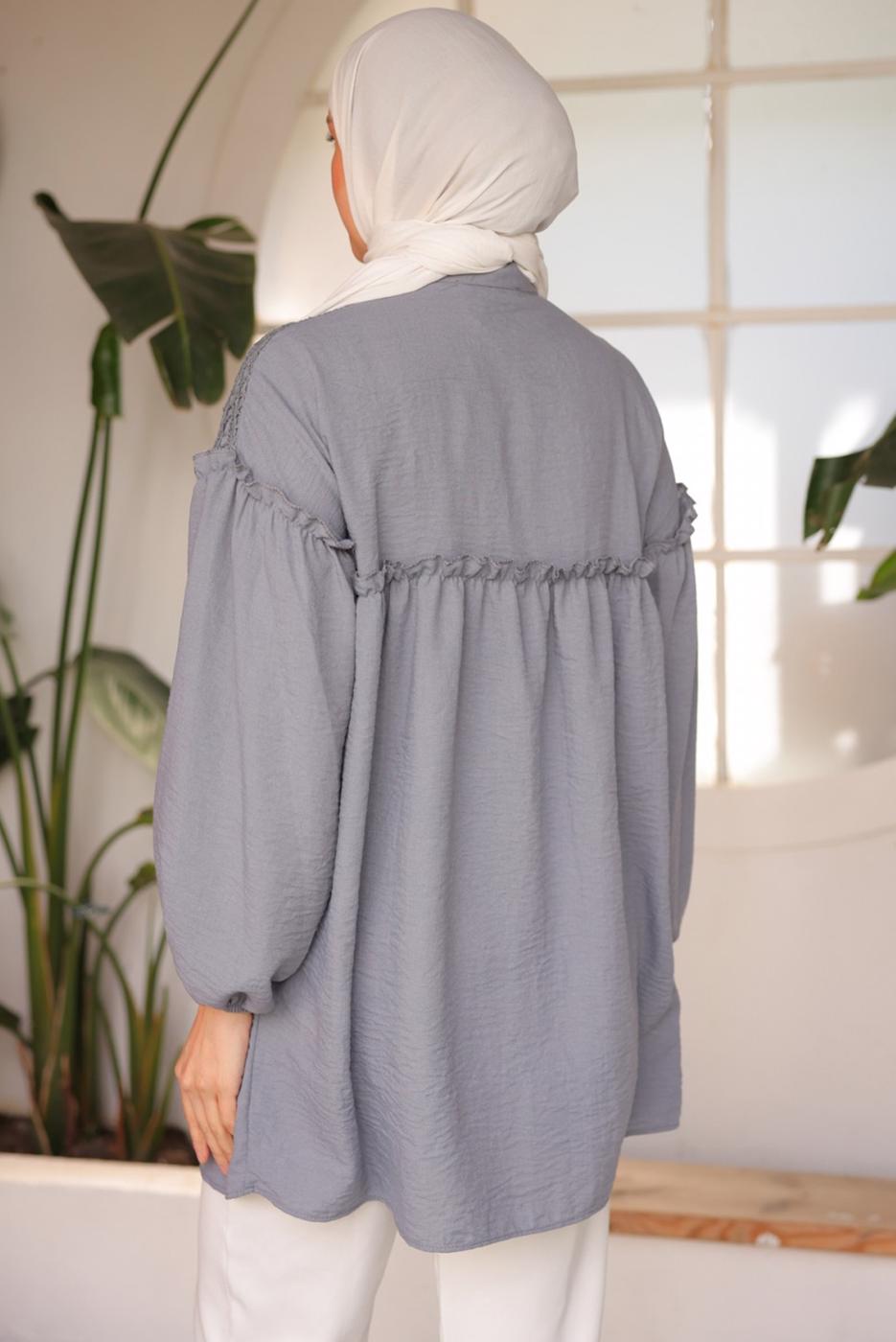 Tesettür giyim GRİ BALON KOL GÖMLEK TUNİK T 8202