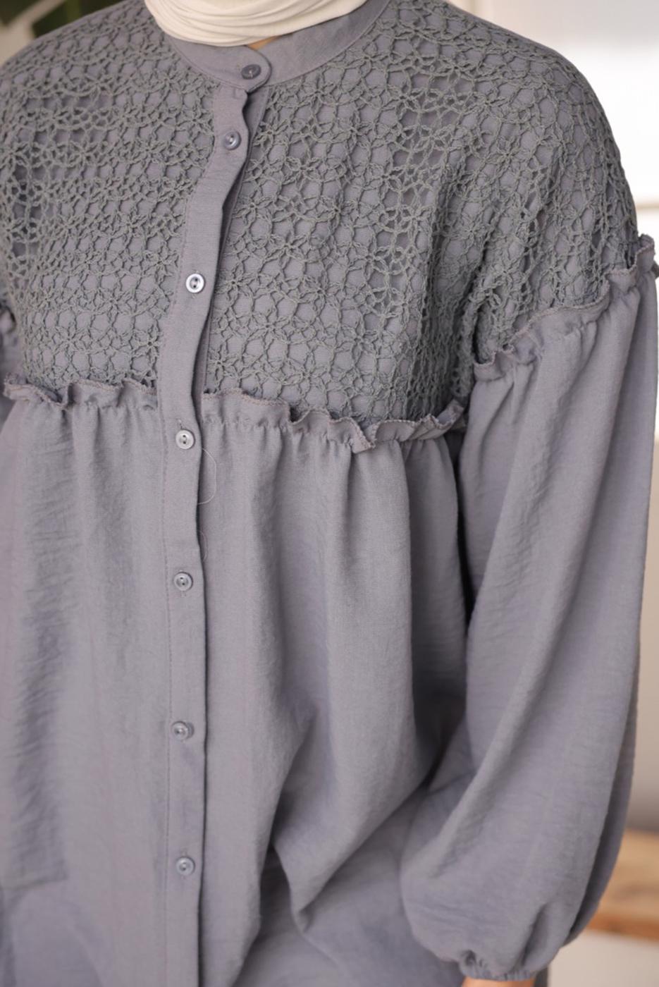 Tesettür giyim GRİ BALON KOL GÖMLEK TUNİK T 8202