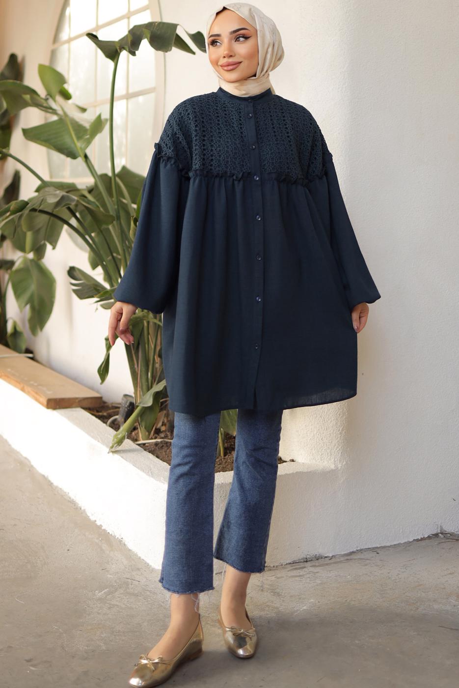 Tesettür giyim LACİVERT BALON KOL GÖMLEK TUNİK T 8202
