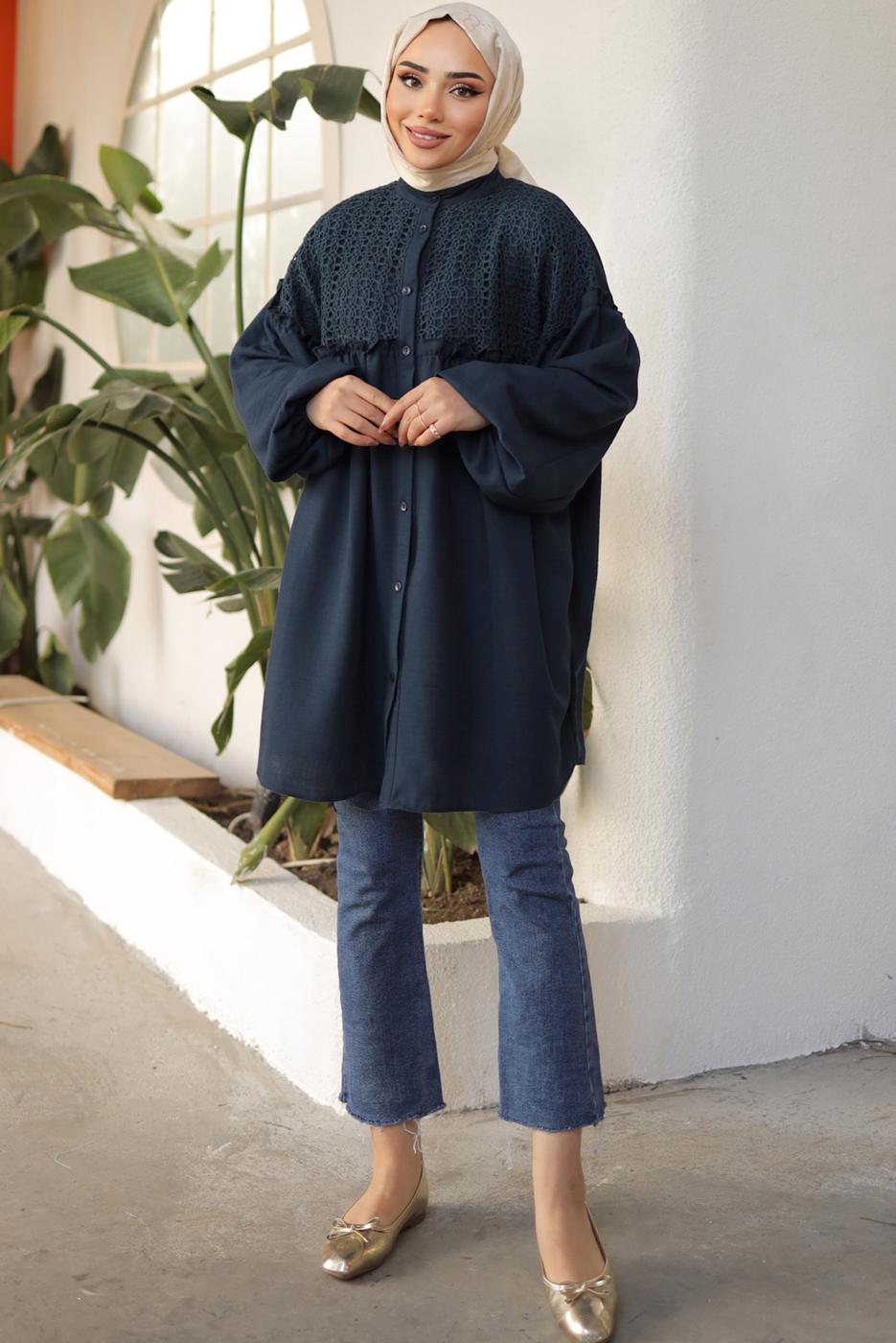 Tesettür giyim LACİVERT BALON KOL GÖMLEK TUNİK T 8202