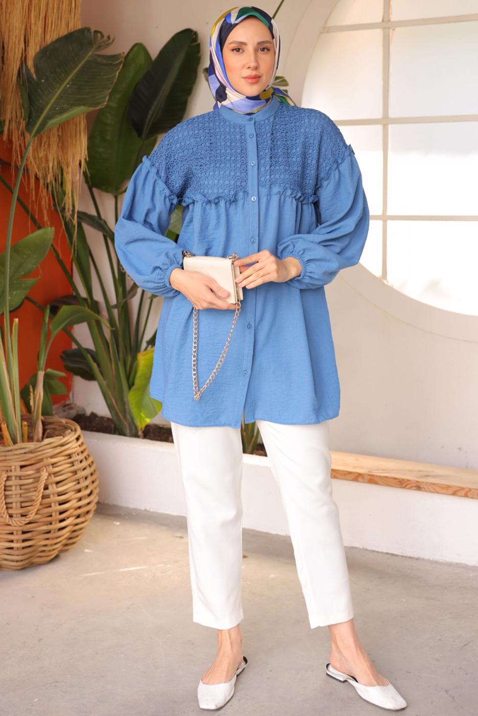 Tesettür giyim LACİVERT BALON KOL GÖMLEK TUNİK T 8202