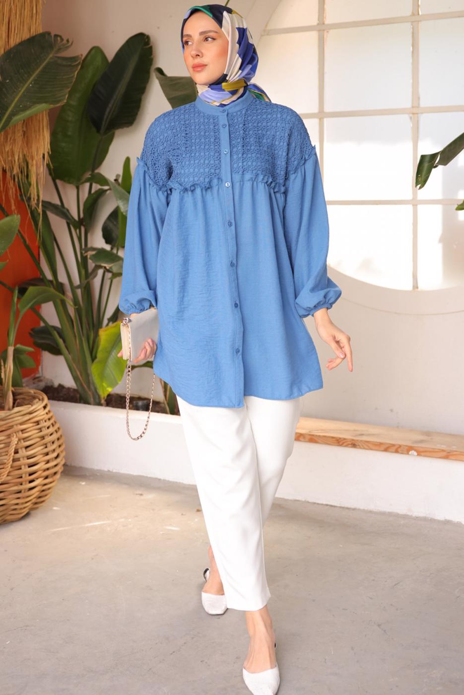 Tesettür giyim LACİVERT BALON KOL GÖMLEK TUNİK T 8202