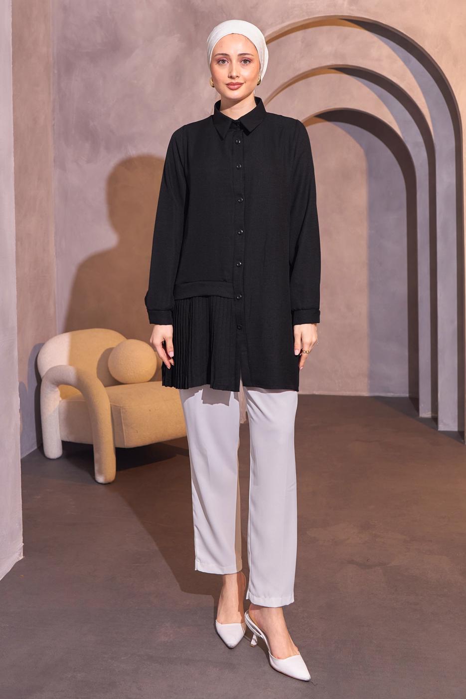 Tesettür giyim SİYAH PİLİSE DETAYLI GÖMLEK TUNİK T 8214