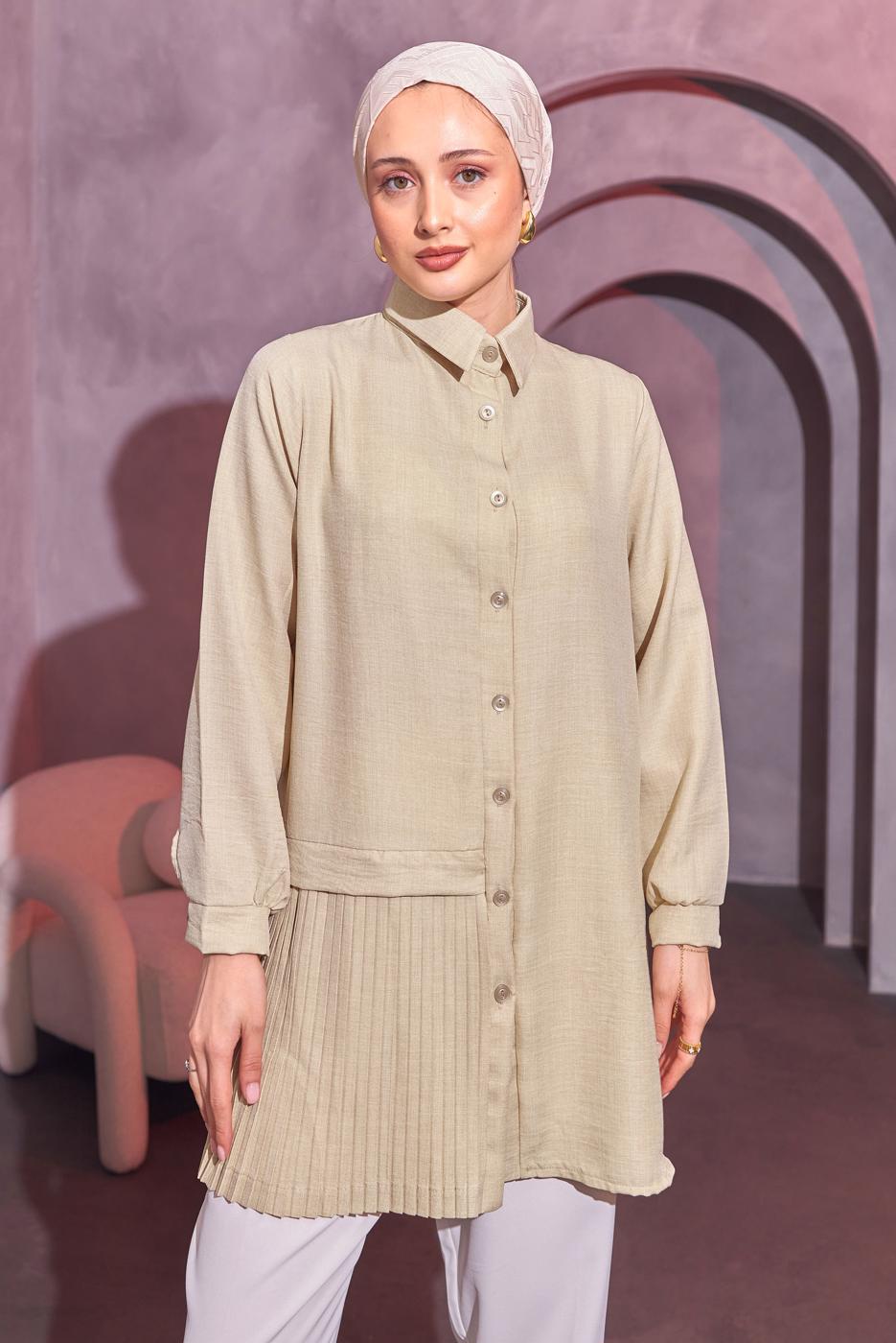Tesettür giyim BEJ PİLİSE DETAYLI GÖMLEK TUNİK T 8214