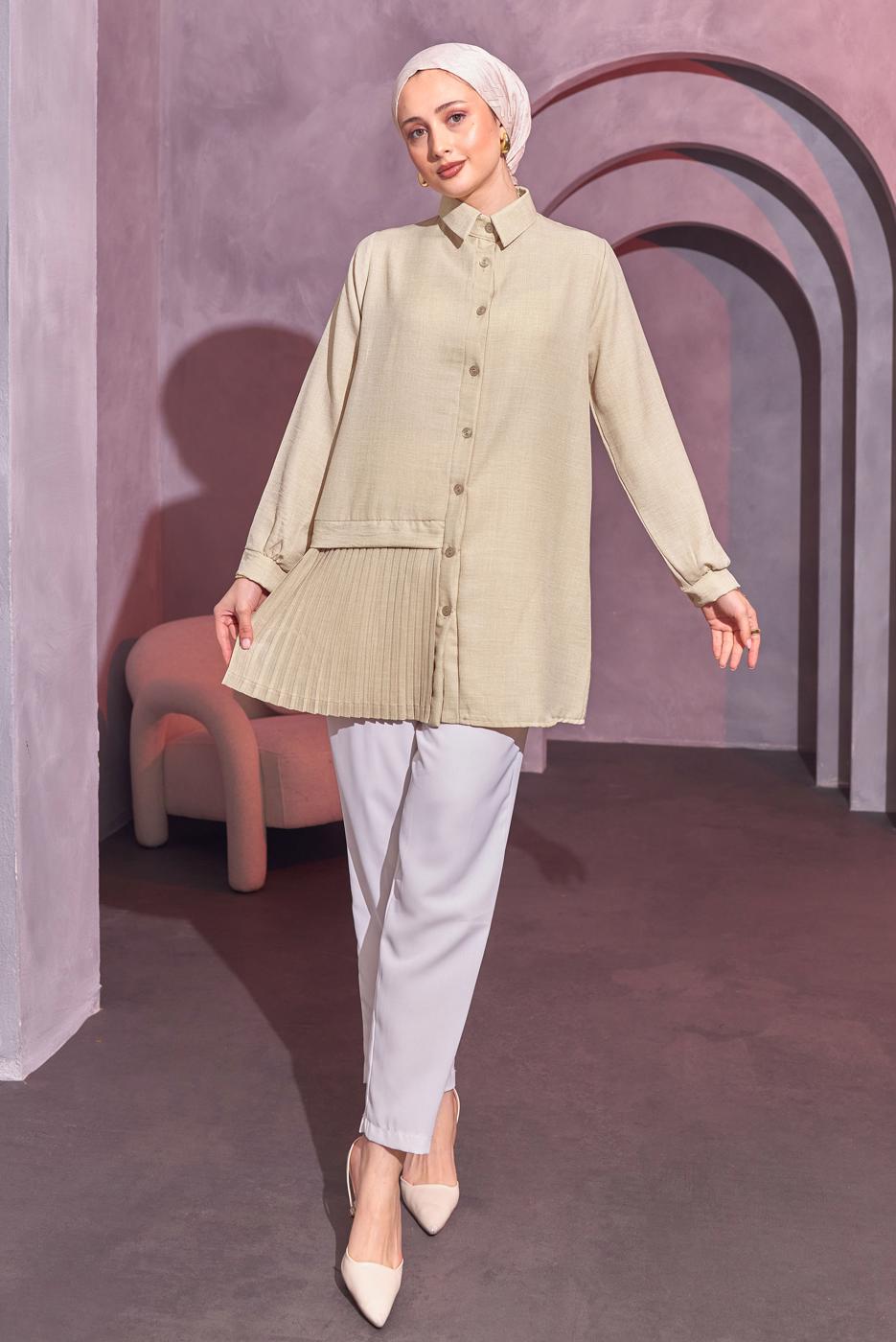 Tesettür giyim BEJ PİLİSE DETAYLI GÖMLEK TUNİK T 8214