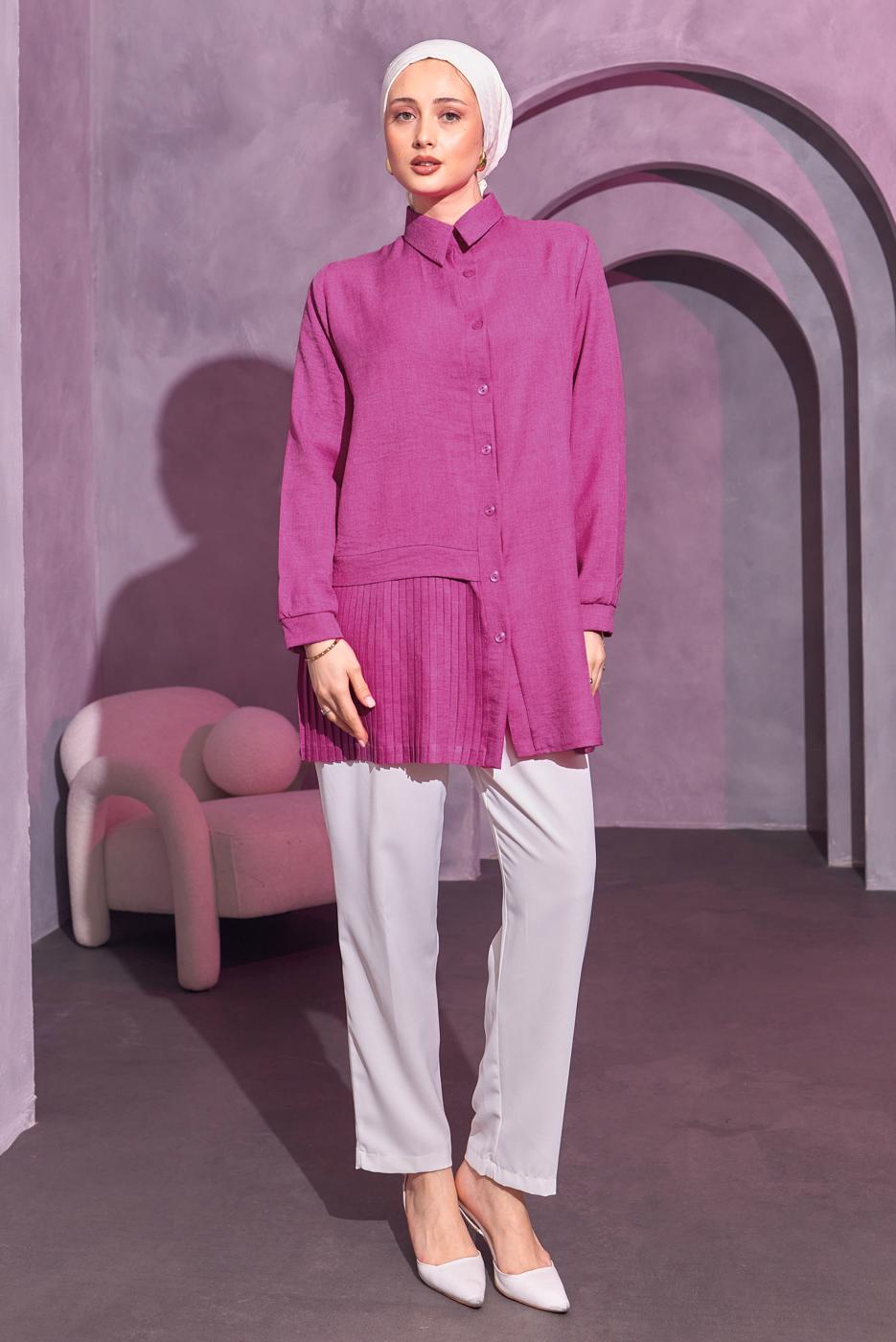 Tesettür giyim FUŞYA PİLİSE DETAYLI GÖMLEK TUNİK T 8214