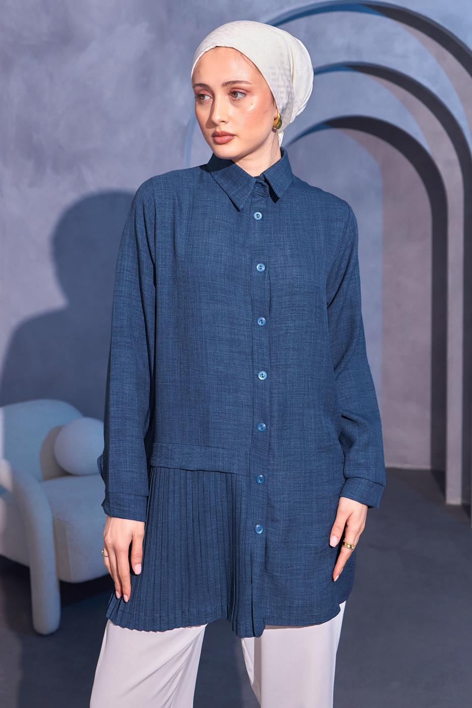 Tesettür giyim LACİVERT PİLİSE DETAYLI GÖMLEK TUNİK T 8214