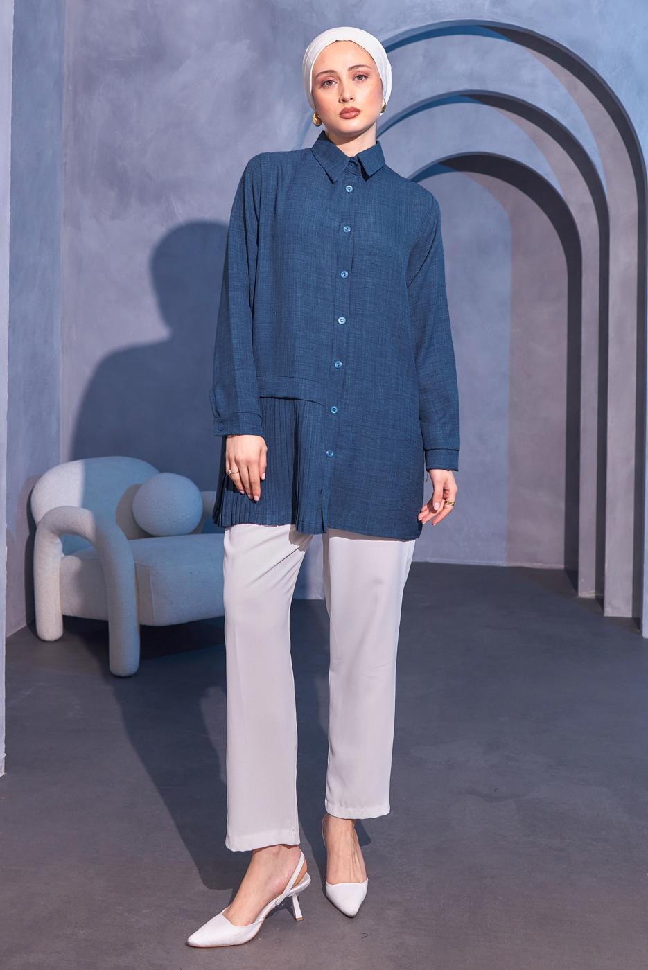 Tesettür giyim LACİVERT PİLİSE DETAYLI GÖMLEK TUNİK T 8214