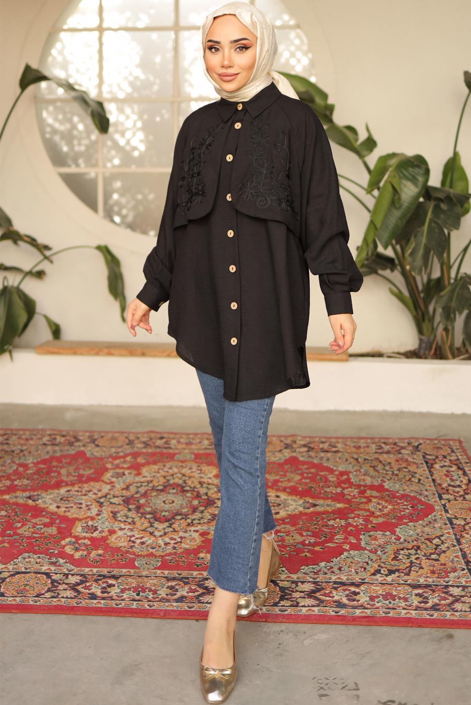 Tesettür giyim SİYAH DESENLİ GÖMLEK TUNİK T 8302