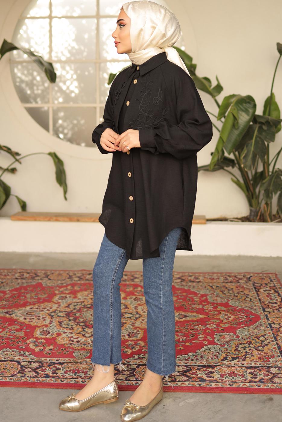 Tesettür giyim SİYAH DESENLİ GÖMLEK TUNİK T 8302