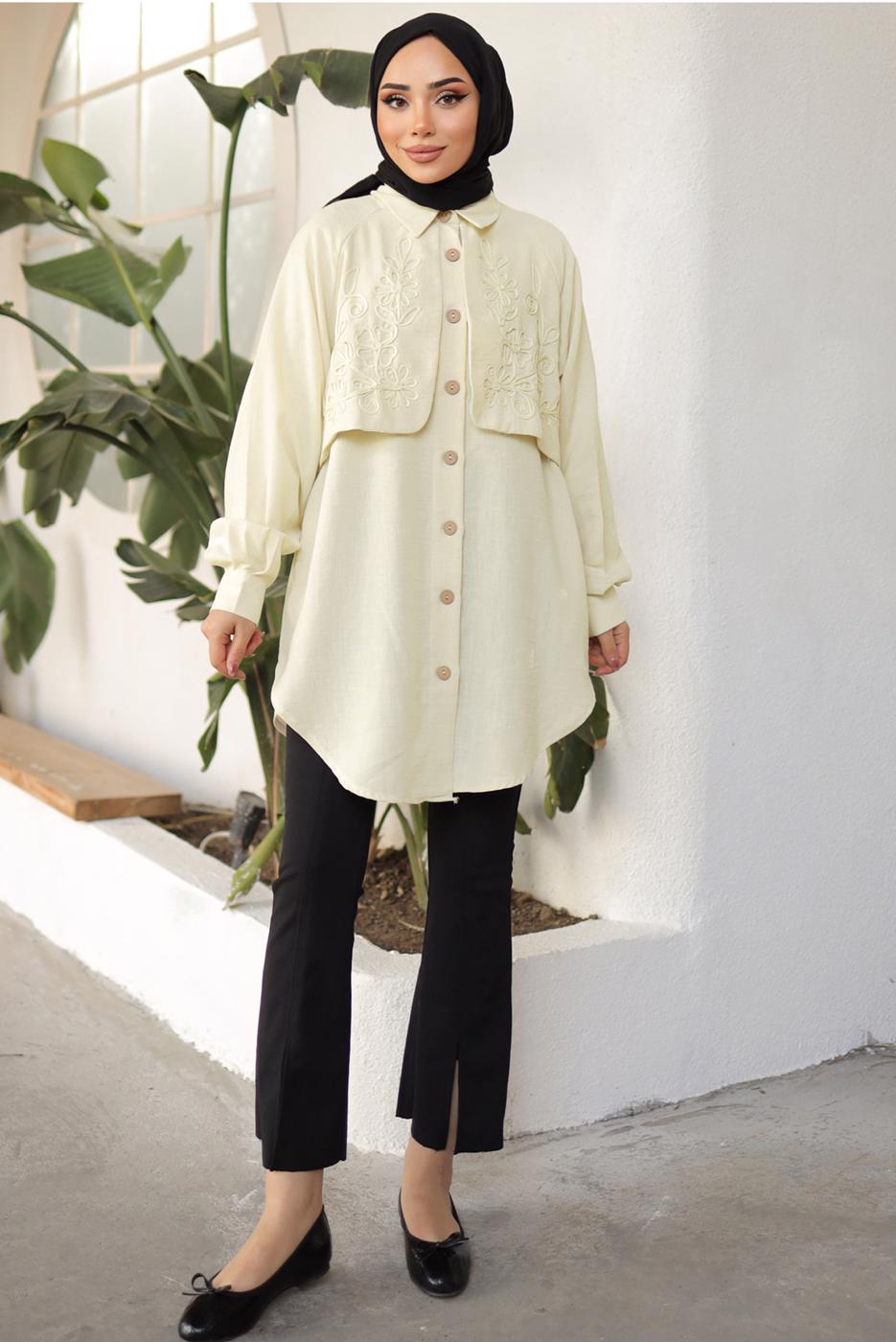 Tesettür giyim BEJ DESENLİ GÖMLEK TUNİK T 8302