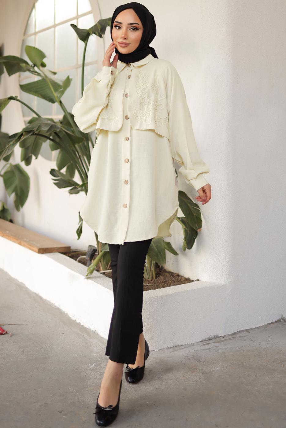 Tesettür giyim BEJ DESENLİ GÖMLEK TUNİK T 8302
