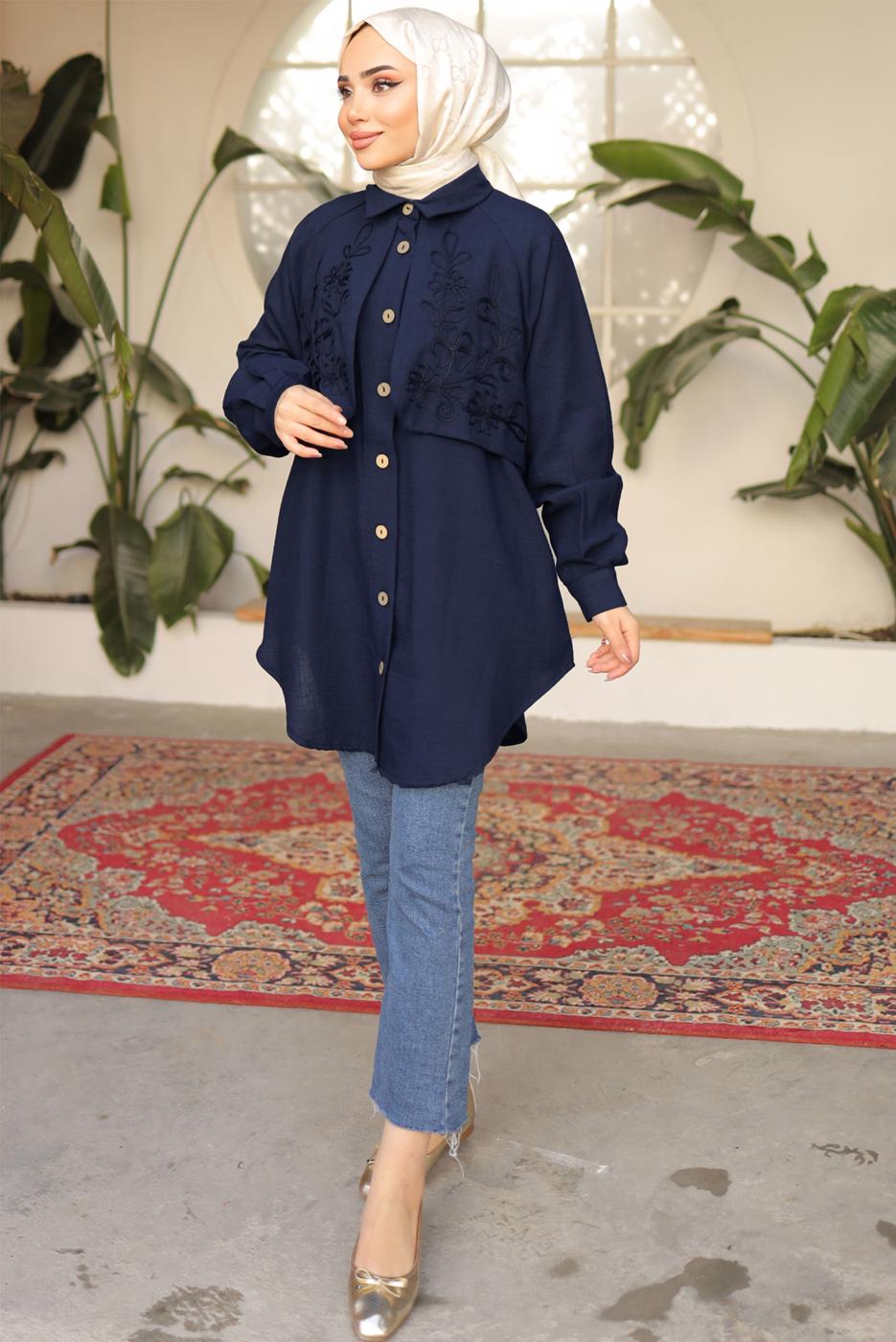 Tesettür giyim LACİVERT DESENLİ GÖMLEK TUNİK T 8302