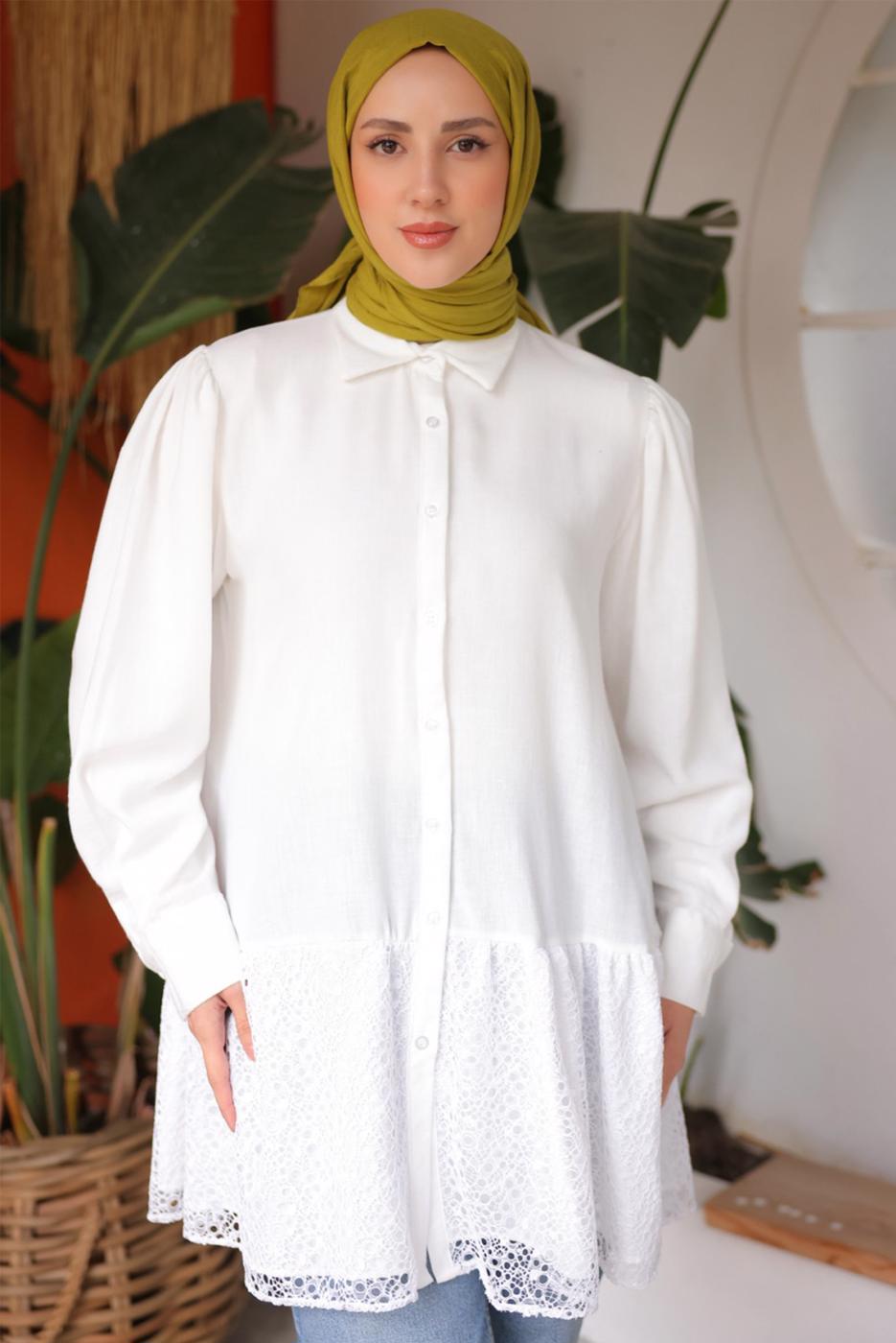 Tesettür giyim KREM GÜPÜR DETAYLI TUNİK T 83616