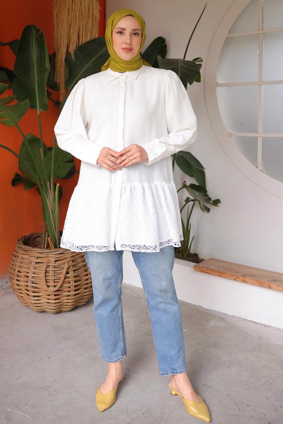 Tesettür giyim KREM GÜPÜR DETAYLI TUNİK T 83616