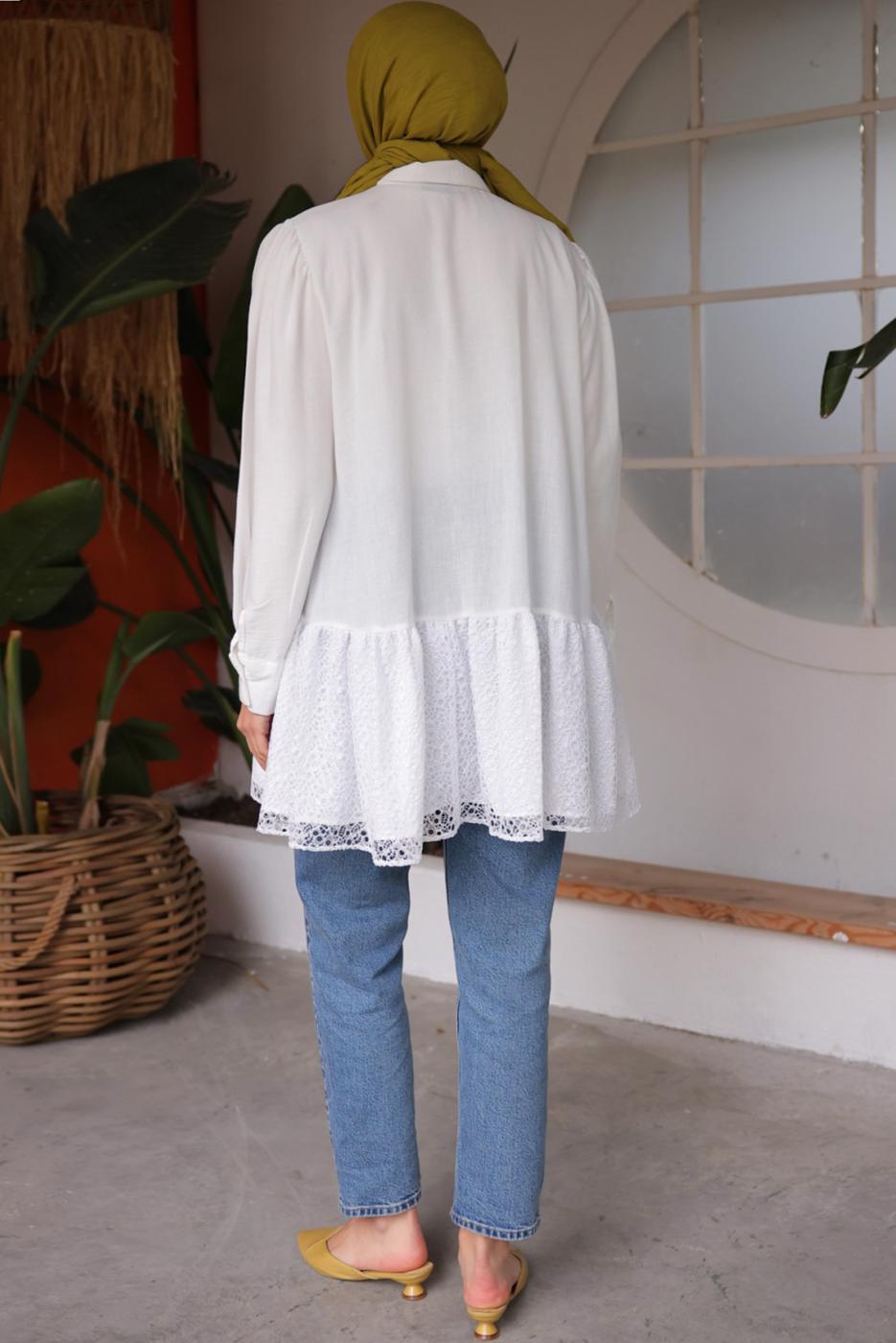 Tesettür giyim KREM GÜPÜR DETAYLI TUNİK T 83616