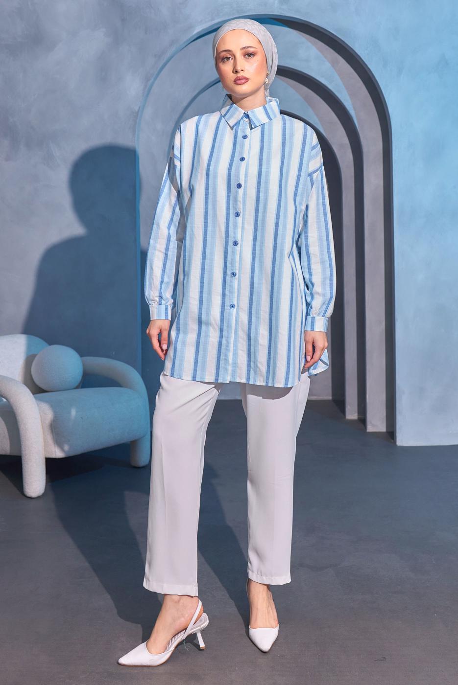 Tesettür giyim MAVİ ÇİZGİLİ GÖMLEK TUNİK T 8414