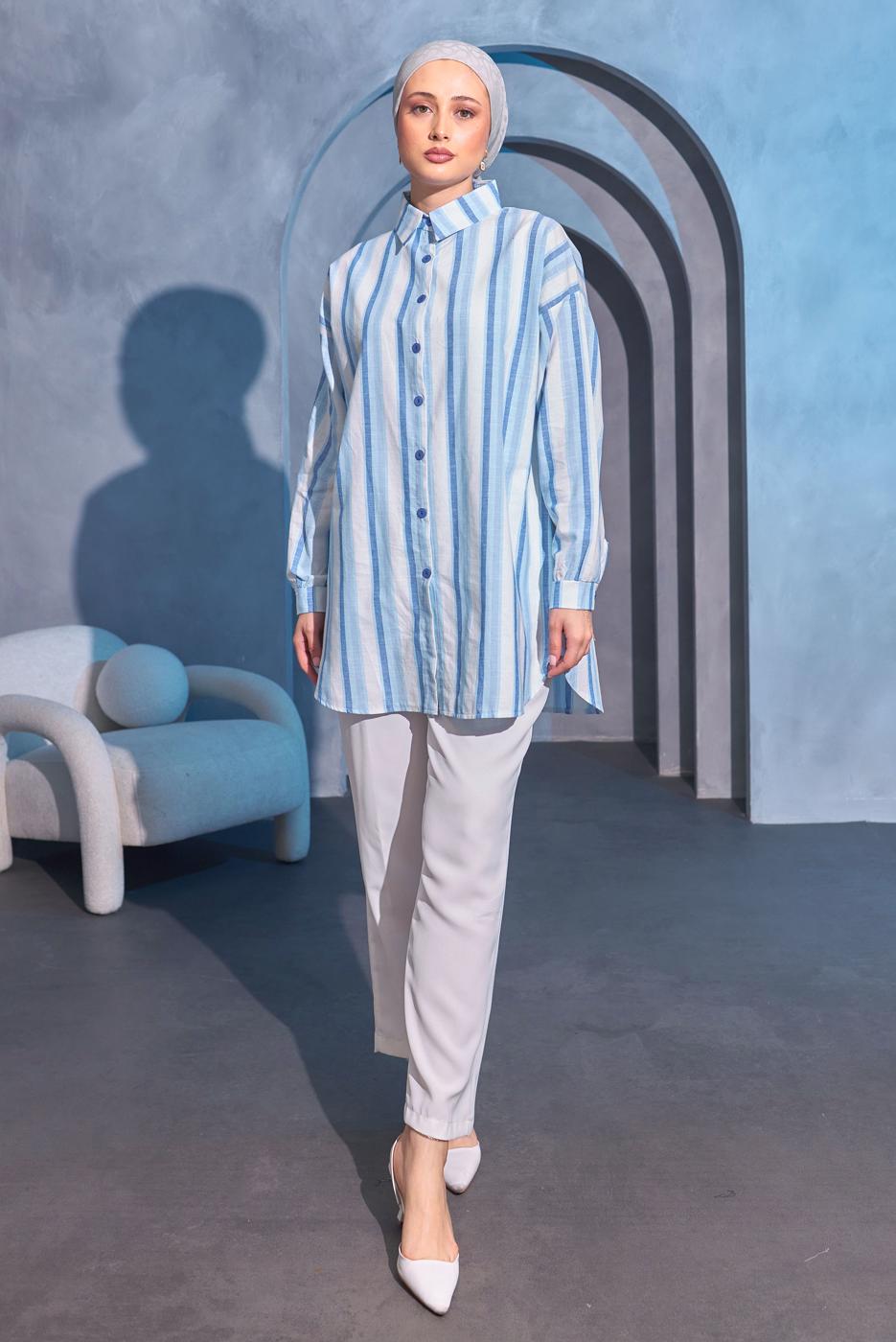 Tesettür giyim MAVİ ÇİZGİLİ GÖMLEK TUNİK T 8414