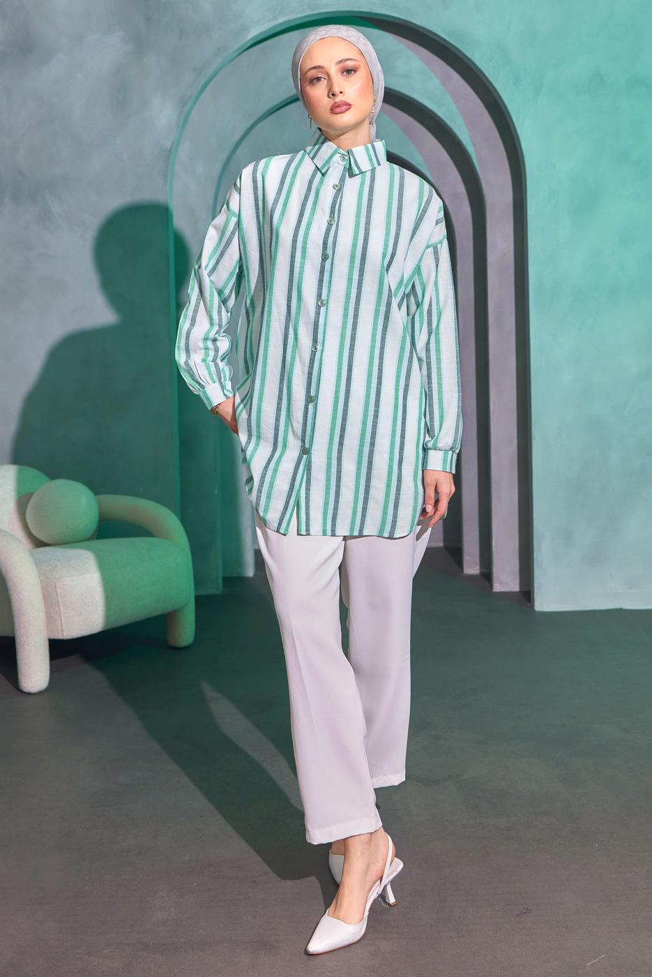Tesettür giyim YEŞİL ÇİZGİLİ GÖMLEK TUNİK T 8414