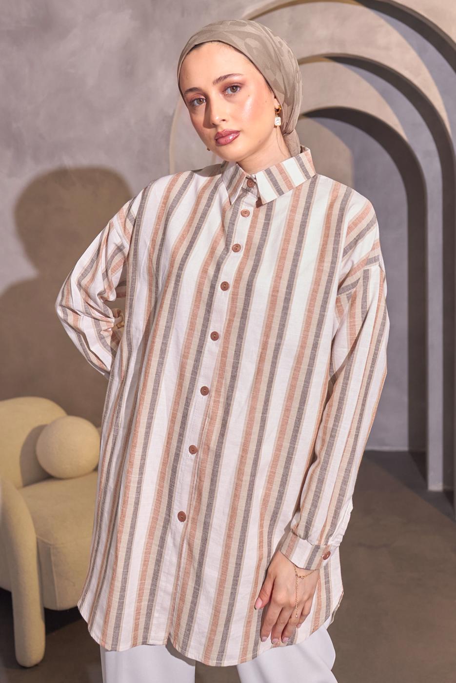 Tesettür giyim BEJ ÇİZGİLİ GÖMLEK TUNİK T 8414