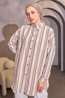 Tesettür giyim BEJ ÇİZGİLİ GÖMLEK TUNİK T 8414