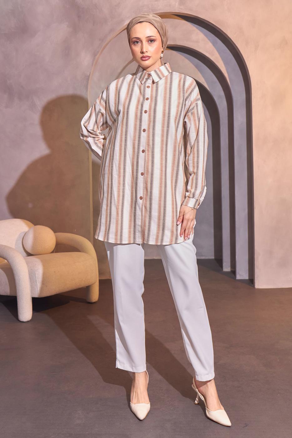 Tesettür giyim BEJ ÇİZGİLİ GÖMLEK TUNİK T 8414