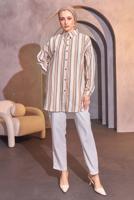 Tesettür giyim BEJ ÇİZGİLİ GÖMLEK TUNİK T 8414