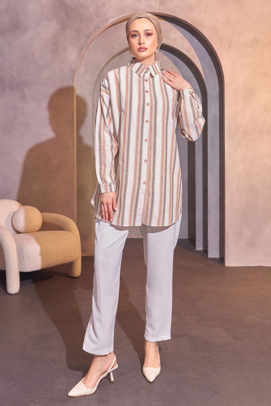 Tesettür giyim BEJ ÇİZGİLİ GÖMLEK TUNİK T 8414