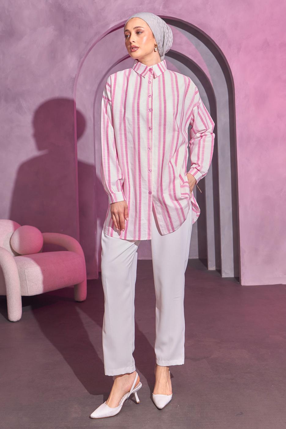 Tesettür giyim PEMBE ÇİZGİLİ GÖMLEK TUNİK T 8414