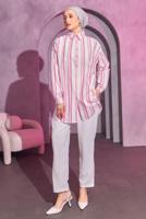 Tesettür giyim PEMBE ÇİZGİLİ GÖMLEK TUNİK T 8414
