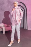 Tesettür giyim PEMBE ÇİZGİLİ GÖMLEK TUNİK T 8414