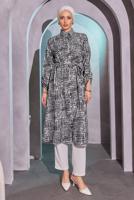 Tesettür giyim SİYAH DESENLİ KUŞAKLI UZUN TUNİK T 8504