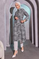 Tesettür giyim SİYAH DESENLİ KUŞAKLI UZUN TUNİK T 8504