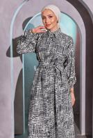 Tesettür giyim SİYAH DESENLİ KUŞAKLI UZUN TUNİK T 8504