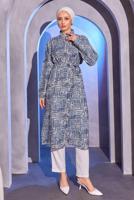 Tesettür giyim LACİVERT DESENLİ KUŞAKLI UZUN TUNİK T 8504