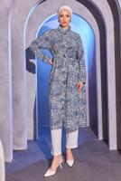 Tesettür giyim LACİVERT DESENLİ KUŞAKLI UZUN TUNİK T 8504