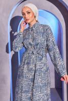 Tesettür giyim LACİVERT DESENLİ KUŞAKLI UZUN TUNİK T 8504