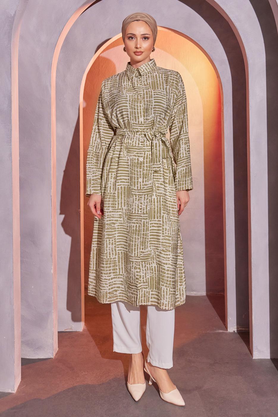 Tesettür giyim VİZON DESENLİ KUŞAKLI UZUN TUNİK T 8504