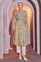 Tesettür giyim VİZON DESENLİ KUŞAKLI UZUN TUNİK T 8504