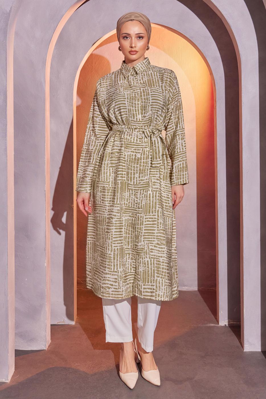 Tesettür giyim VİZON DESENLİ KUŞAKLI UZUN TUNİK T 8504