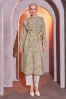 Tesettür giyim VİZON DESENLİ KUŞAKLI UZUN TUNİK T 8504