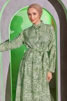 Tesettür giyim YEŞİL DESENLİ KUŞAKLI UZUN TUNİK T 8504