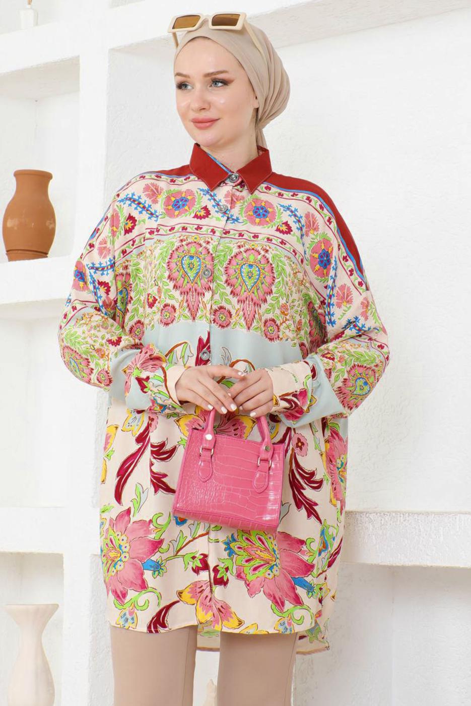 Tesettür giyim BORDO PAMUKLU DESENLİ GÖMLEK TUNİK T 8711