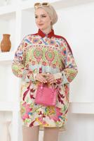 Tesettür giyim BORDO PAMUKLU DESENLİ GÖMLEK TUNİK T 8711