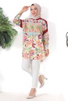 Tesettür giyim BORDO PAMUKLU DESENLİ GÖMLEK TUNİK T 8711