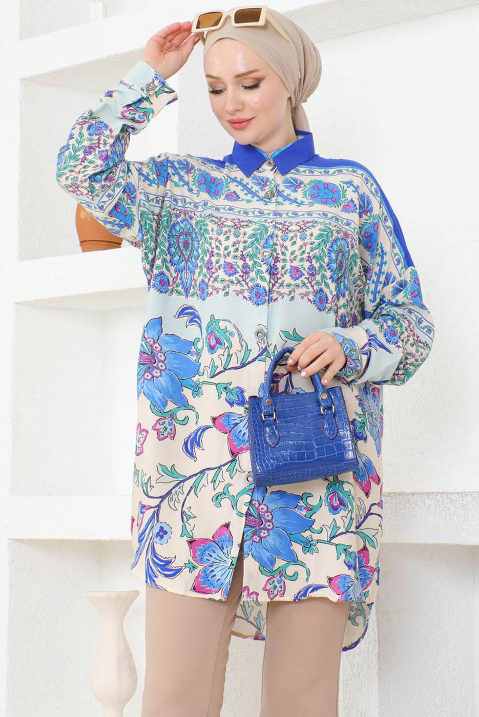 Tesettür giyim LACİVERT PAMUKLU DESENLİ GÖMLEK TUNİK T 8711