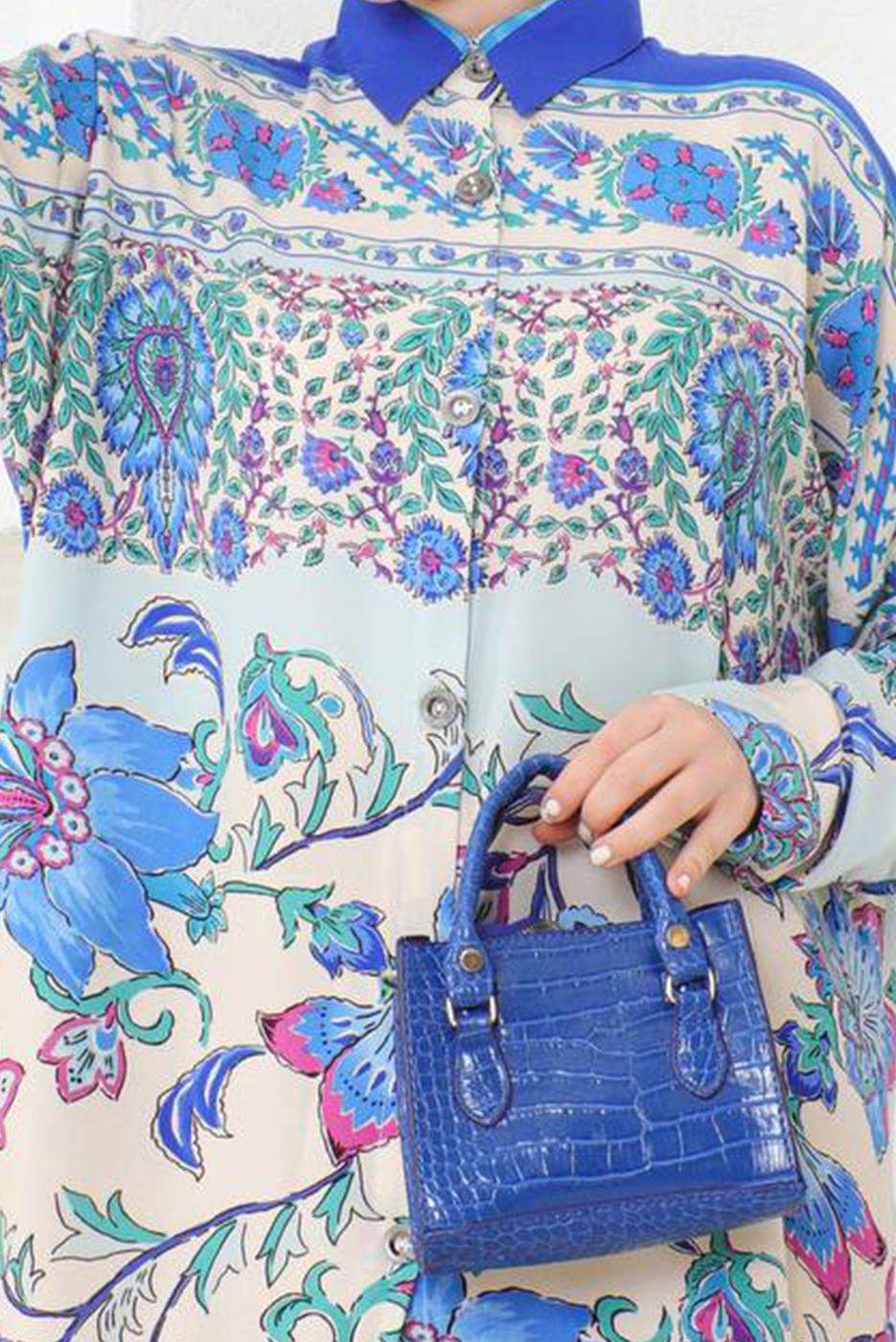 Tesettür giyim LACİVERT PAMUKLU DESENLİ GÖMLEK TUNİK T 8711