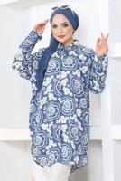 Tesettür giyim LACİVERT PAMUKLU DESENLİ GÖMLEK TUNİK T 8712