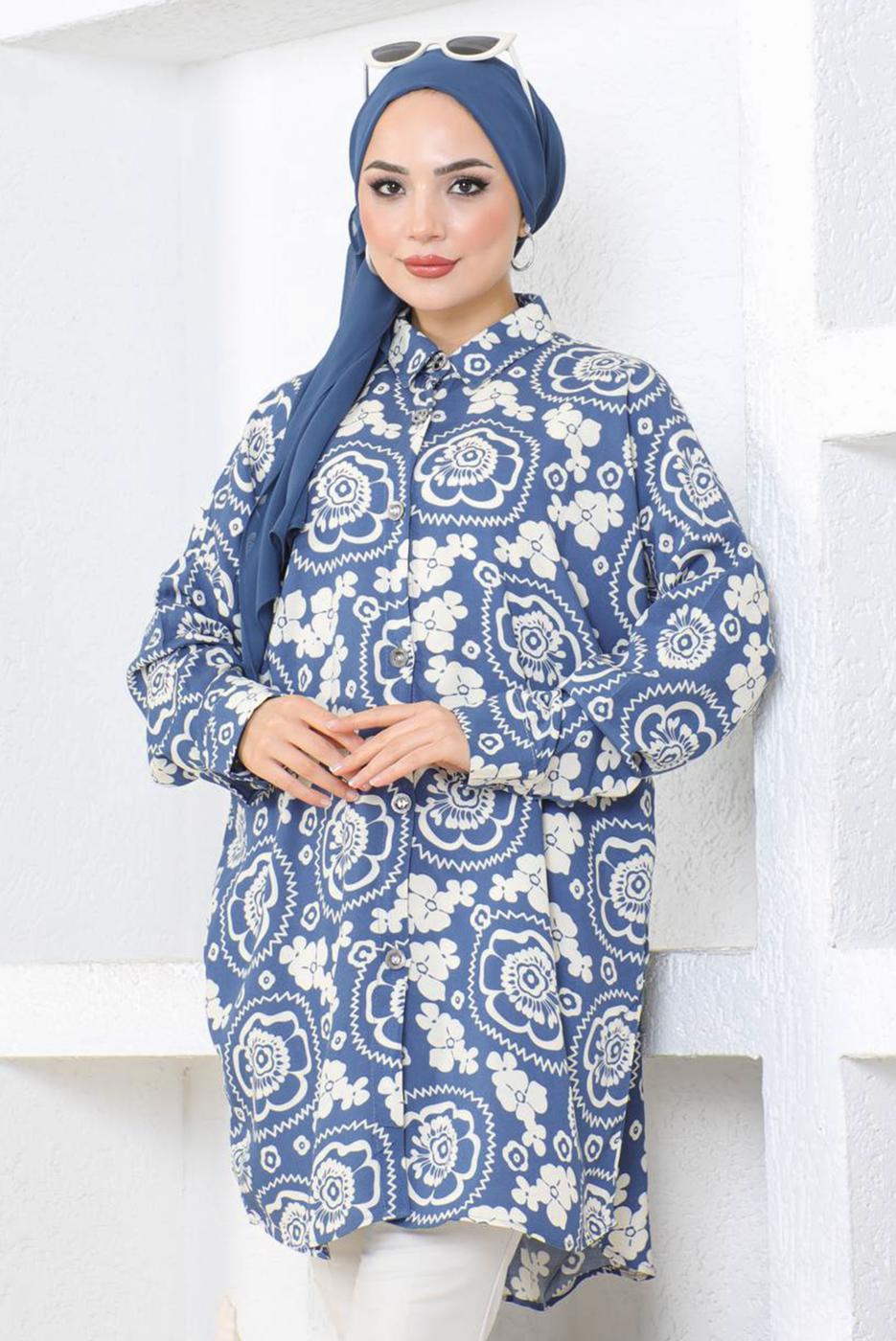 Tesettür giyim LACİVERT PAMUKLU DESENLİ GÖMLEK TUNİK T 8712
